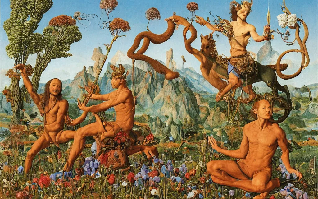 Image similar to a portrait photograph of a meditating satyr and a centaur monk riding a rocket machine and hunting at a river delta. surrounded by bulbous flowers and trees. mountain range under a blue sky of fiery stars. by jan van eyck, max ernst, ernst haeckel, ernst fuchs and artgerm, cgsociety, fashion editorial, 8 k