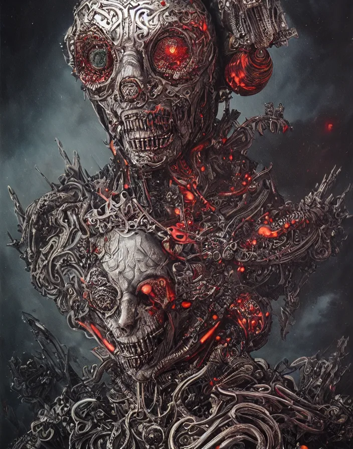 Image similar to art portrait of an undead kingof hell, intricate detailed armour ,8k,by tristan eaton,Stanley Artgermm,Tom Bagshaw,Greg Rutkowski,Carne Griffiths, Ayami Kojima, Beksinski, Giger,trending on DeviantArt,face enhance,hyper detailed,minimalist,cybernetic, android, blade runner,full of colour,