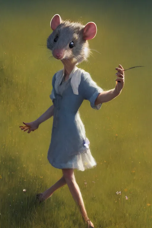 Image similar to a cute anthropomorphic rat girl wearing human clothes walking in a meadow, by craig mullins, detailed digital painting realism 8 k