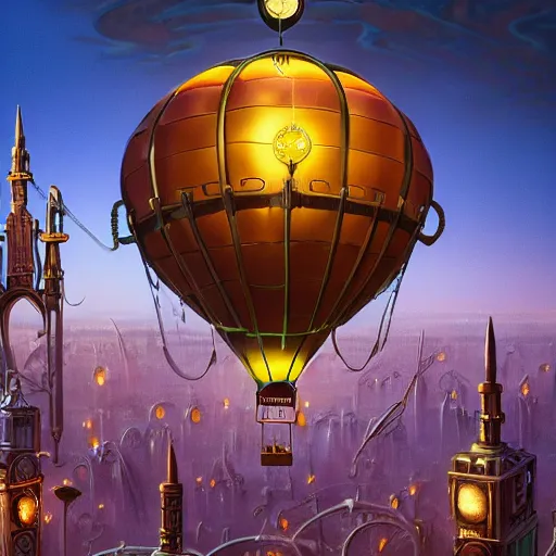 Image similar to a stunning fantasy scene of a steampunk hot - air balloon flying over an art deco city with a clock - tower | highly detailed | very intricate | disney pixar | steampunk | dramatic romantic epic breathtaking whimsical magical | bokeh moon stars | professional cinematic lighting | artdeco | painted by beeple and rhads and donato giancola | bold color palette | featured on artstation