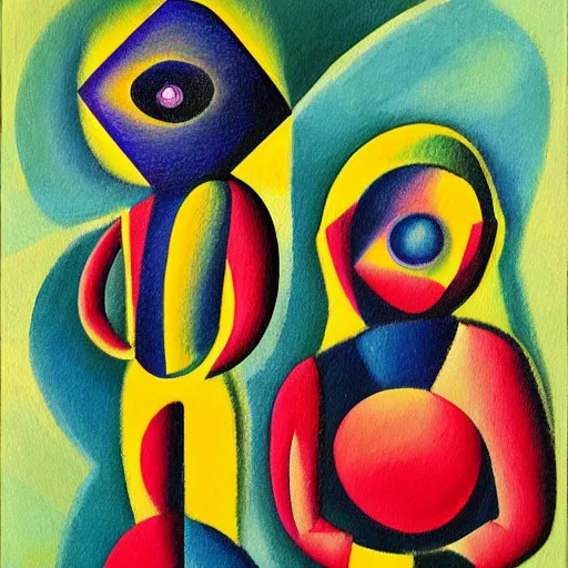 Prompt: painting of two aliens, in the style of Jean Metzinger