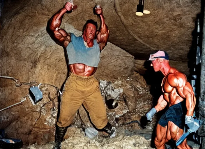 Prompt: 90's professional color photograph, A Muscular Arnold Schwarzenegger laboring in a mine.