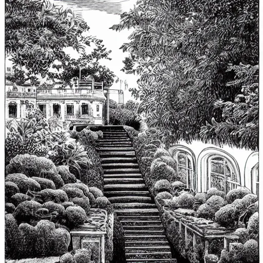 Image similar to old white house stairs into lush garden, drawing moebius