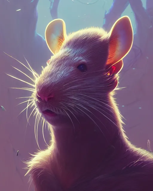 Image similar to highly detailed vfx portrait of a rat, unreal engine, greg rutkowski, loish, rhads, beeple, makoto shinkai and lois van baarle, ilya kuvshinov, rossdraws, tom bagshaw, alphonse mucha, global illumination, detailed and intricate environment