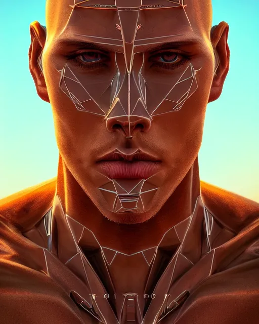 Prompt: portrait of a handsome symmetric cyborg, desert oasis background, ultra realistic, highly detailed, hd, sharp focus, cinematic lighting, realistic, photorealistic, vivid colors, painting, photograph, digital art, non blurry, sharp, artstation, concept art, smooth, illustration
