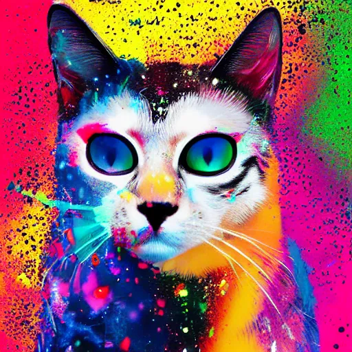 Image similar to portrait of cyberpunk cat, colorful, splatters, by ute osterwalder