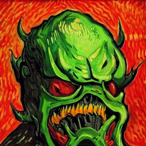 Image similar to DOOM game imp in the style of Van Gogh