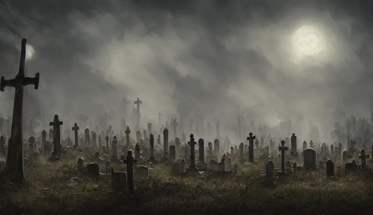 Image similar to a beautiful painting of a graveyard, cinematic angle, studio lighting, movie concept, trending on artstation, 8 k, ultra high detail