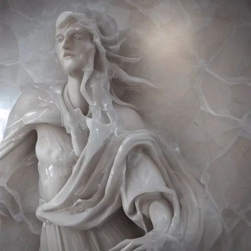 Image similar to a delicate renaissance evil marble sculpture covered with water veil, highly detailed transparent marble cloth, gi, global illumination, physically based rendering, photorealistic, top light, dark background