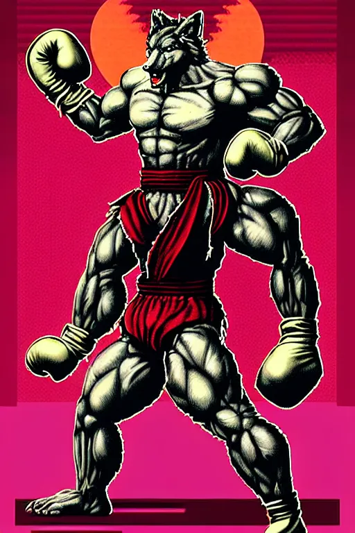 Image similar to extreme long shot. 8 bit nes graphics. antropomorphic muscular masculine wolf. kickboxer fighter, in shorts. wolf head. fine details, very sharp, art from nes game cartridge, 8 0's, vhs artefacts, vaporwave style, marc simonetti and hermann nitsch. streetfighter, kung fury