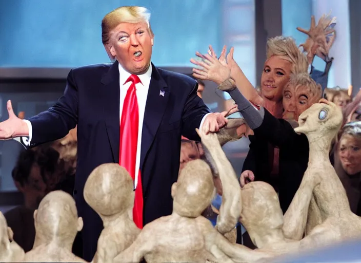 Image similar to dobby donald trump cult initiation ritual on stage stage of the elen degeneres show, detailed facial expression