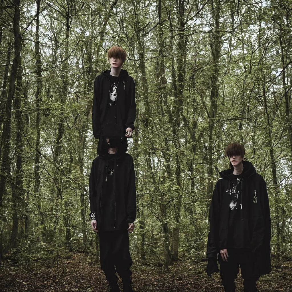 Prompt: cinematic still of bladee in dark forest, XF IQ4, f/1.4, ISO 200, 1/160s, 8K, RAW, dramatic lighting, symmetrical balance, in-frame