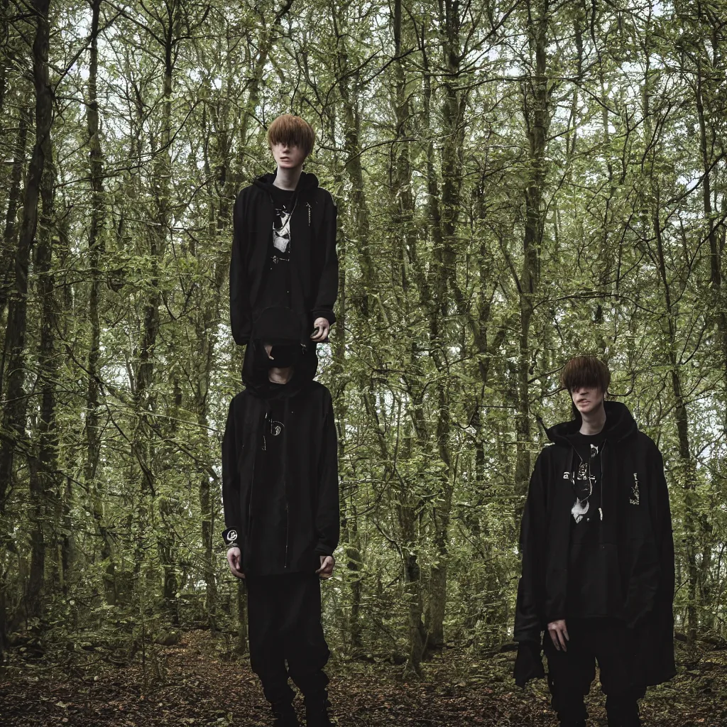 Image similar to cinematic still of bladee in dark forest, XF IQ4, f/1.4, ISO 200, 1/160s, 8K, RAW, dramatic lighting, symmetrical balance, in-frame