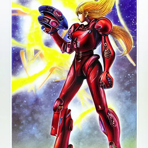 Prompt: Samus Aran from Metroid as illustrated by Yoshitaka Amano. 1994. Acrylic and Watercolor on lithography paper.