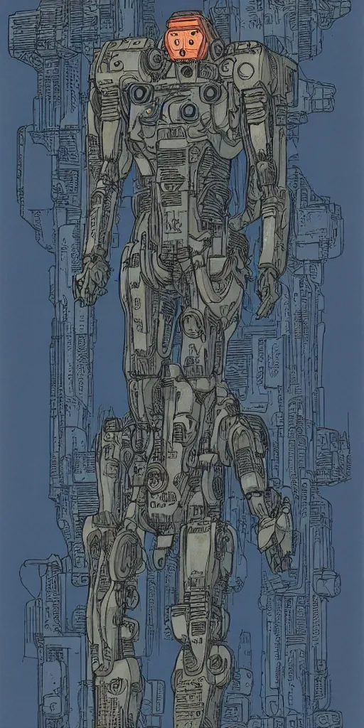 Image similar to mech suit. portrait by jean giraud and will eisner. realistic proportions. dystopian. cyberpunk, blade runner, concept art, cel shading