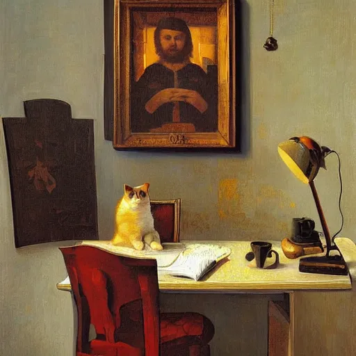 Image similar to a cozy little office nook with a cat in it, dmitry spiros, leonardo da vinci, jacques - louis david, johannes vermeer, 8 k, wide angle,