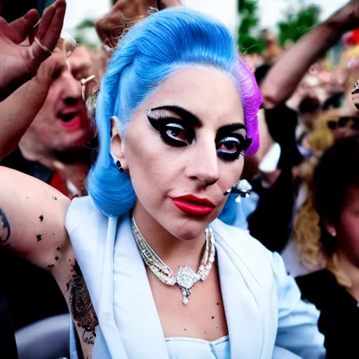 Image similar to Lady Gaga as Evita, Argentina presidential rally, Argentine flags behind, bokeh, epic photo, detailed face, Argentina