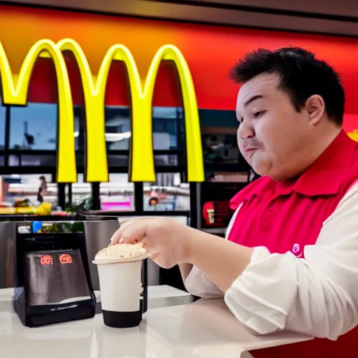 Image similar to Budai working at McDonalds, photography, 8K