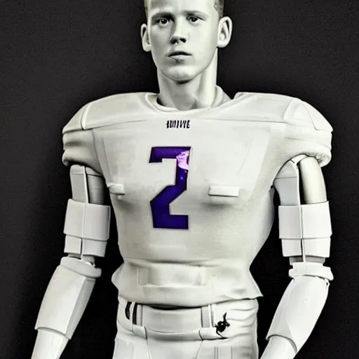 Image similar to “ a realistic detailed photo of a guy who is an attractive humanoid who is half robot and half humanoid, who is a male android, football player christian mccaffrey, shiny skin, posing like a statue, blank stare, on the field, on display ”