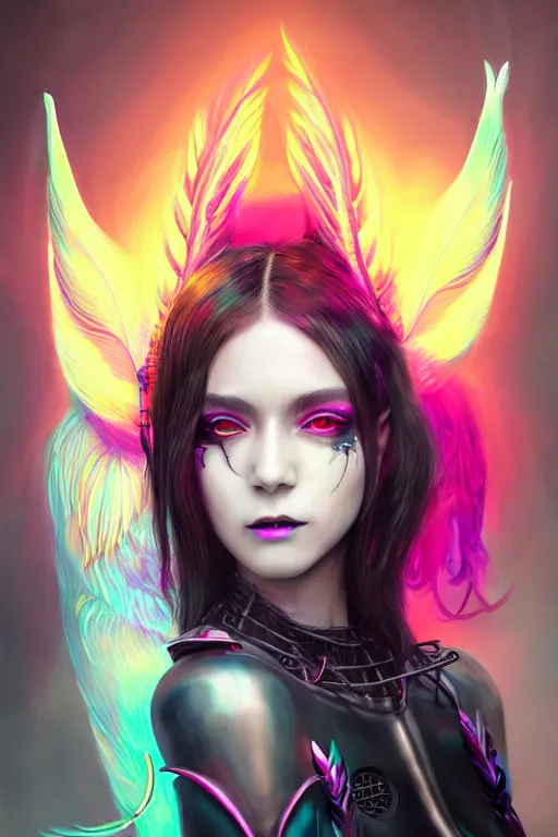 Prompt: portrait futuristic Devil Girl with horns and wings and feathers and armor, stunning smile, in future cyberpunk tokyo rooftop , ssci-fi, fantasy, intricate, very very beautiful, elegant, human anatomy, human structure, neon light, highly detailed, digital painting, artstation, concept art, smooth, sharp focus, illustration, art by tian zi and WLOP and alphonse mucha