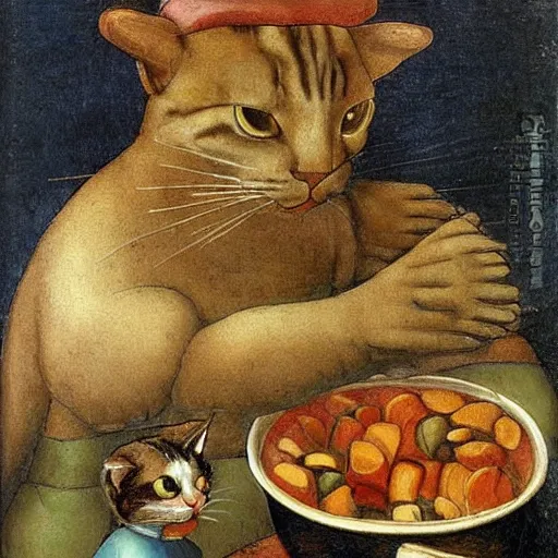 Prompt: the cat cooks soup, stirring a pot with a ladle and cutting vegetables, oil painting, drawn by Leonardo Da Vinci