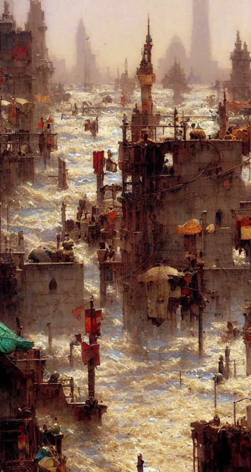 Image similar to the sea flooding the entire city of modern ahwaz. you can see the water entering buildings highly detailed painting by gaston bussiere, craig mullins, j. c. leyendecker