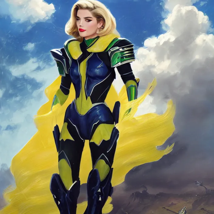 Image similar to A combination of Adriana Dxim's and Grace Kelly's and Ashley Greene's appearances with blonde hair wearing Interceptor's armor from Anthem, countryside, calm, fantasy character portrait, dynamic pose, above view, sunny day, thunder clouds in the sky, artwork by Jeremy Lipkin and Giuseppe Dangelico Pino and Michael Garmash and Rob Rey and Greg Manchess and Huang Guangjian, very coherent asymmetrical artwork, sharp edges, perfect face, simple form, 100mm