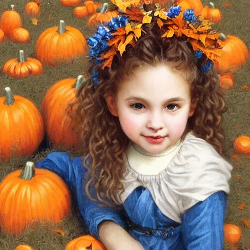 Prompt: a cute little girl with light brown wavy curly hair and blue eyes sitting amidst piles of pumpkins. beautiful cute highly detailed face. she is wearing a crown of autumn leaves. autumn and fall and halloween themed painting by artgerm and greg rutkowski and bouguereau.