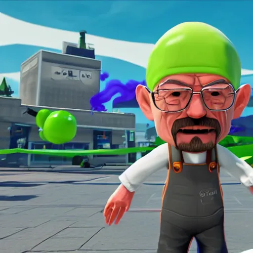 Image similar to walter white as a splatoon inkling, wide shot, in game screenshot, unreal engine, high definition