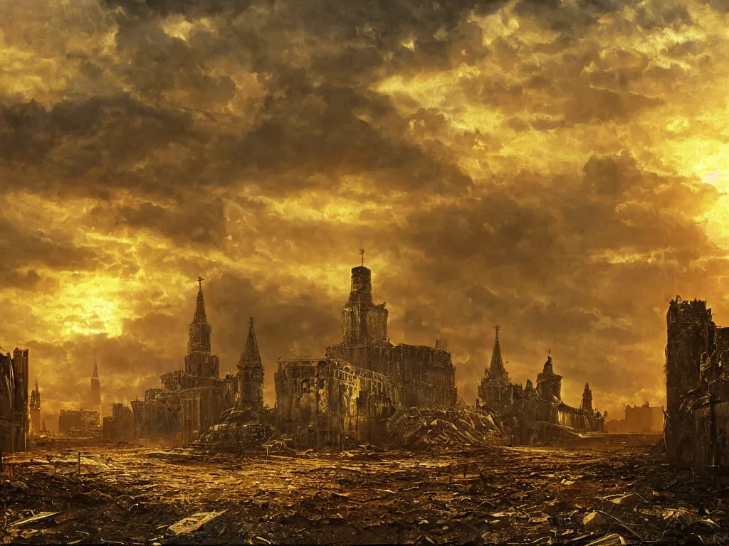 Prompt: a post apocalyptic landscape of moscow after a nuclear war, grand kremlin palace in partial ruins, beautiful radioactive sunset lighting, beautiful painting, fallout 3, painted by albert bierstadt