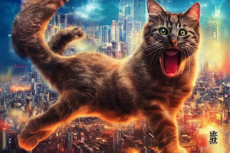 Image similar to cat attacking Tokyo, disaster movie poster, masterpiece, masterwork, cgstudio