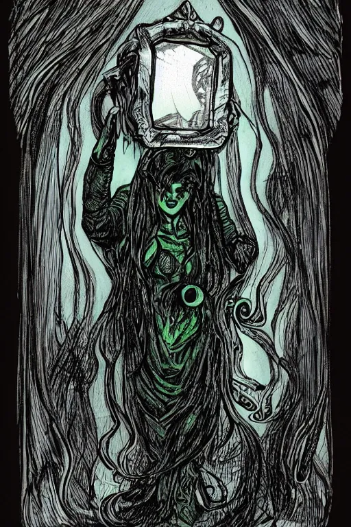 Image similar to cthulhu priestess looking into a mirror