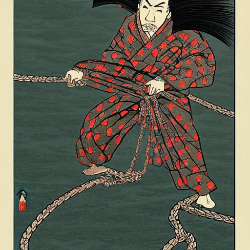 Image similar to by hokusai, samurai man vagabond, the samurai is wrapped in chains, detailed, editorial illustration, matte print, concept art, ink style, sketch, digital 2 d