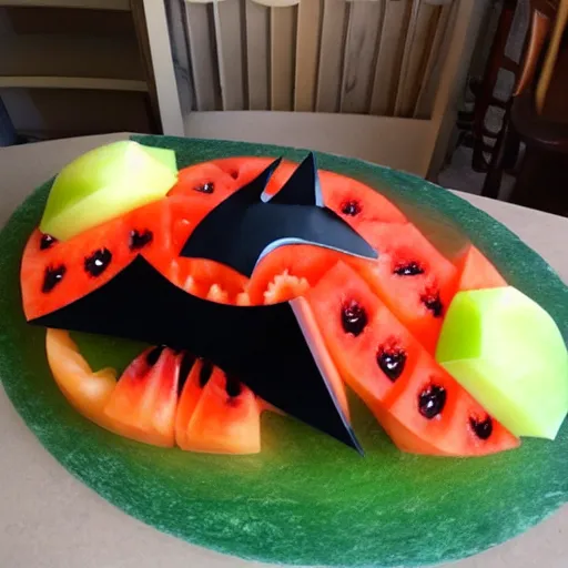 Image similar to batmobile fruit and melon carving