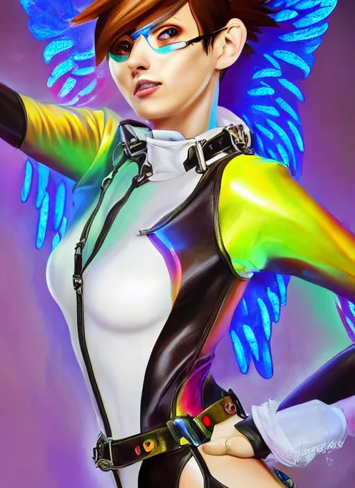 Image similar to portrait digital artwork of tracer overwatch, wearing iridescent rainbow latex and leather straps catsuit outfit, in style of mark arian, angel wings, dramatic painting, wearing detailed leather collar, chains, black harness, detailed face and eyes,