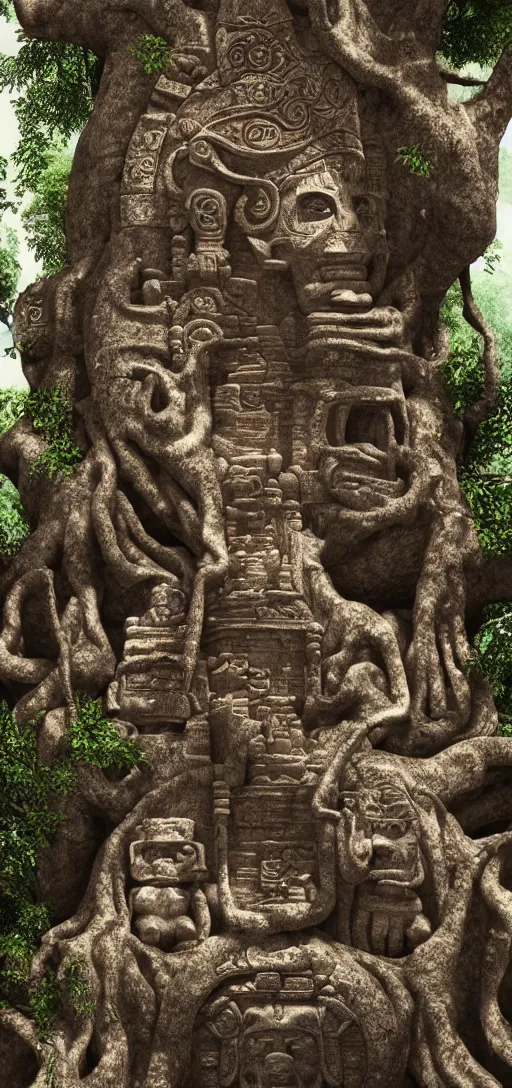 Prompt: portrait of mayan gods carved in a tree, octane render, photorealism, highly detailed, hdr, 8 k, complex 3 d render, hyper detailed, ultra sharp