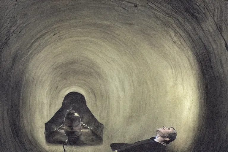 Image similar to Andrew Wyeth artwork, A man with a wooden box under his arm stands inside a dark tunnel, looking up with an expression of horror