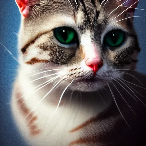 Image similar to photo portrait of a cat made in a professional studio, professional portfolio of a cat, trending on artstation, super detailed, everything in a beautiful light, stylishly designed background, fantasy art, photoshop