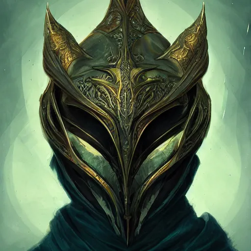 Prompt: An ornate front facing daedric helm, intricate, elegant, highly detailed, digital painting, artstation, concept art, smooth, sharp focus, illustration, art by anato Finnstark and Peter mohrbacher,