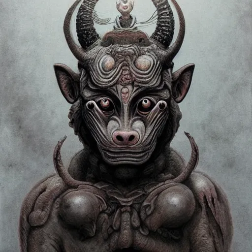 Image similar to a human with wolf head, naraka buddhist demon japan, thailand art, tubular creature, blood vesels, dystopian surrealism, artstyle alex ries zdzisław beksinski, symmetry accurate features, very intricate details, high resolution, symmetrical long head, smooth marble surfaces, detailed ink illustration, metal gear, cinematic smooth stone, deep aesthetic, concept art