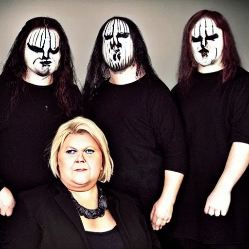 Image similar to Erna solberg in a black metal band