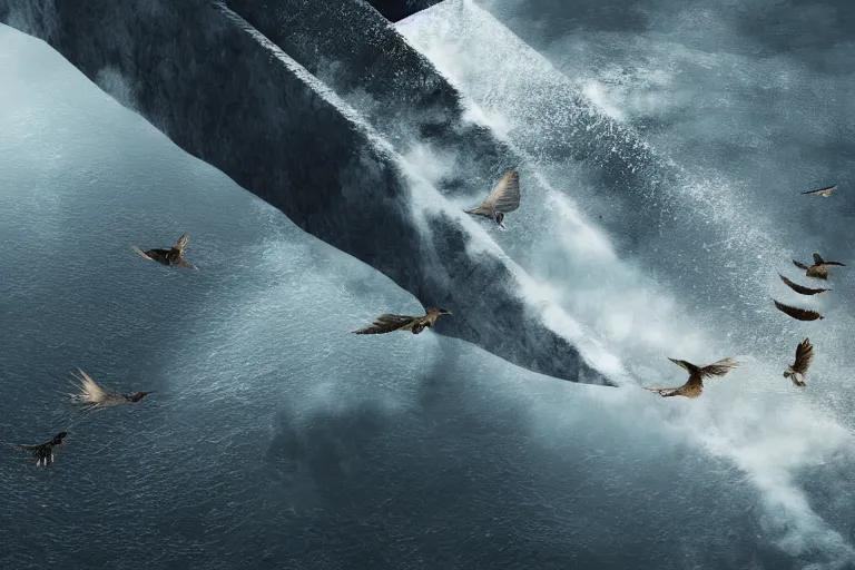 Image similar to a cinematic scene of a gigantic wall near an ocean, people flying on birds, concept, digital art, dramatic lighting
