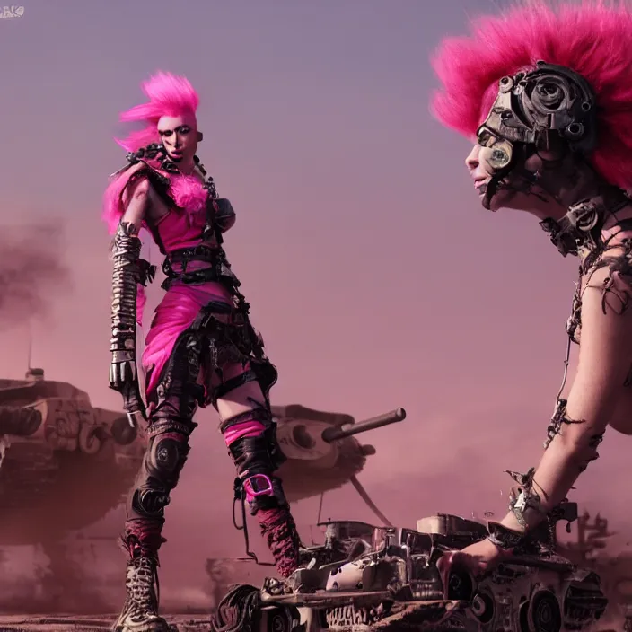 Image similar to beautiful apocalyptic woman with pink Mohawk, standing on mad max panzer tank, 4k ultra hd, fantasy dark art, sharp, tank girl, artstation, octane render