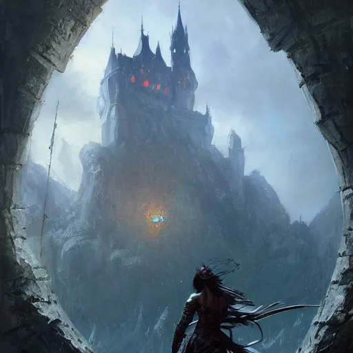 Image similar to fighter, dungeons and dragons character, castle background, gorgeous view, depth, high detail, digital art, painted by greg rutkowski, painted by seb mckinnon, painted by jeremy mann, trending on artstation