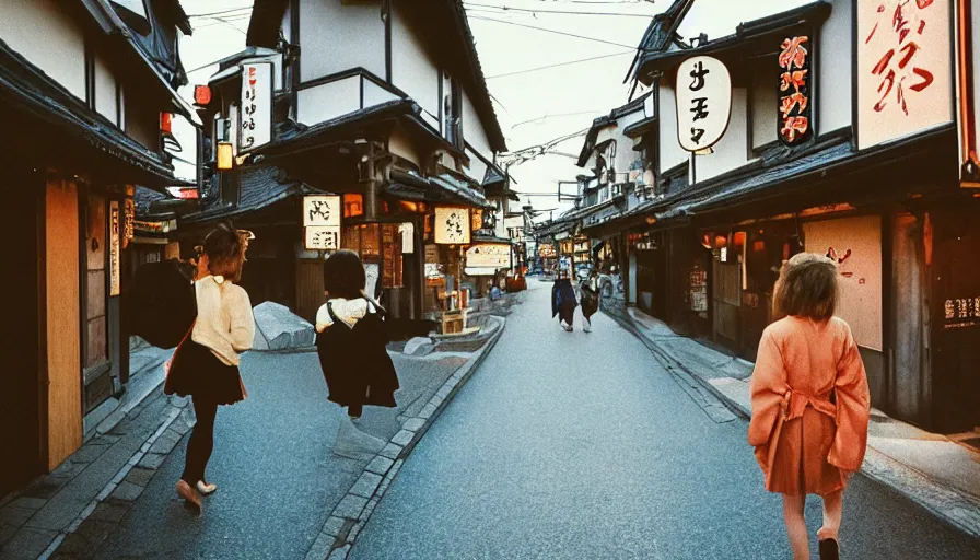 Image similar to 1 9 9 0 s candid 3 5 mm photo of a beautiful day in the a dreamy street in takayama japan mixed with details from tokyo and paris, cinematic lighting, cinematic look, golden hour, the clouds are epic and colorful with cinematic rays of light, a girl walks down the center of the street in a gucci dress, photographed by petra collins, uhd