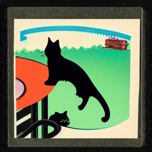 Prompt: black cat in a rollercoaster. the cat looks happy. sunny landscape. the rollercoaster has a looping. polaroid. technicolor.