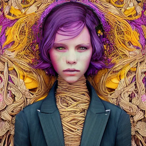 Image similar to the portrait of an incredibly beautiful woman made of potatoes roots and violets, an ultrafine detailed illustration by james jean, final fantasy, intricate linework, bright colors, behance contest winner, vanitas, angular, altermodern, unreal engine 5 highly rendered, global illumination, radiant light, detailed and intricate environment