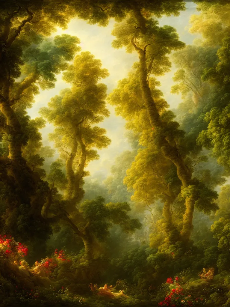 Prompt: painting backdrop of a lush forest, volumetric light, afternoon, light wind, wild flowers, chiaroscuro, john longstaff, jean - honore fragonard, francois boucher, anna dittmann, 4 k, 4 k