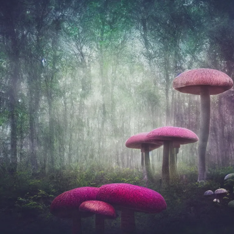 Image similar to a planet of various fungus like trees, mushrooms, flowers and plants, artistic photography, muted colors, conceptual, long exposure outside the city, volumetric light