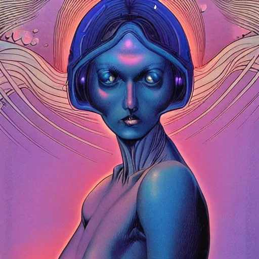 Image similar to dark blue haired woman, fair skinned, mœbius, jean henri gaston giraud, psychedelic, surrealism, dramatic lighting, sci - fi, aliens, beautiful, feminine, dangerous